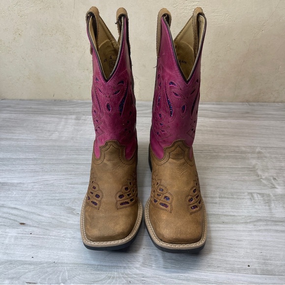 Shyanne Chloe Glitter Brown Pink Leather Square Toe Western Boots Girl’s Size 6 - Picture 3 of 13